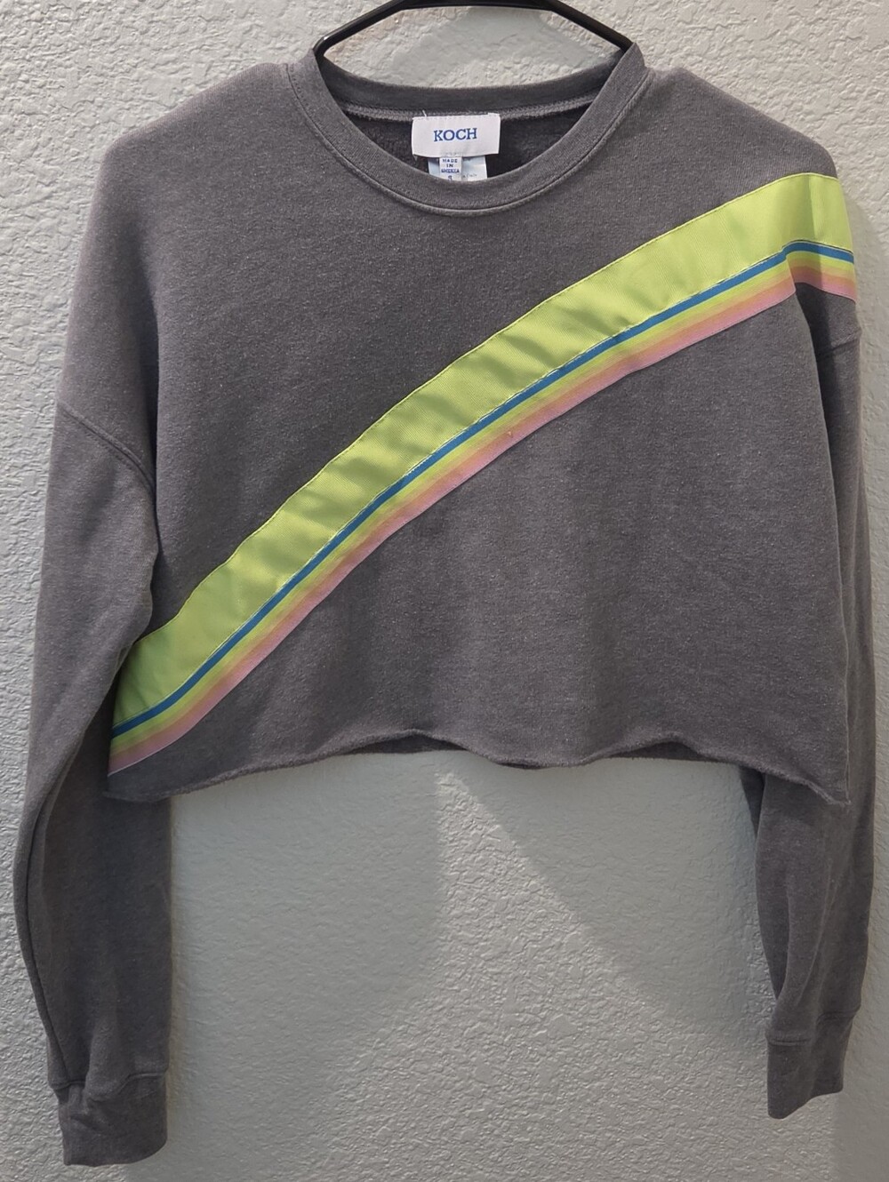 KOCH Gray Cropped Sweatshirt with Neon Stripe Accent